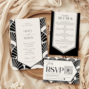 Art-Deco-Hochzeitseinladungsvorlagen-Set ein Schwarz-Weiß-Hochzeitseinladung, Gatsby-Hochzeits-Thema, digitales 1920er-Hochzeits-Briefpapier-Set