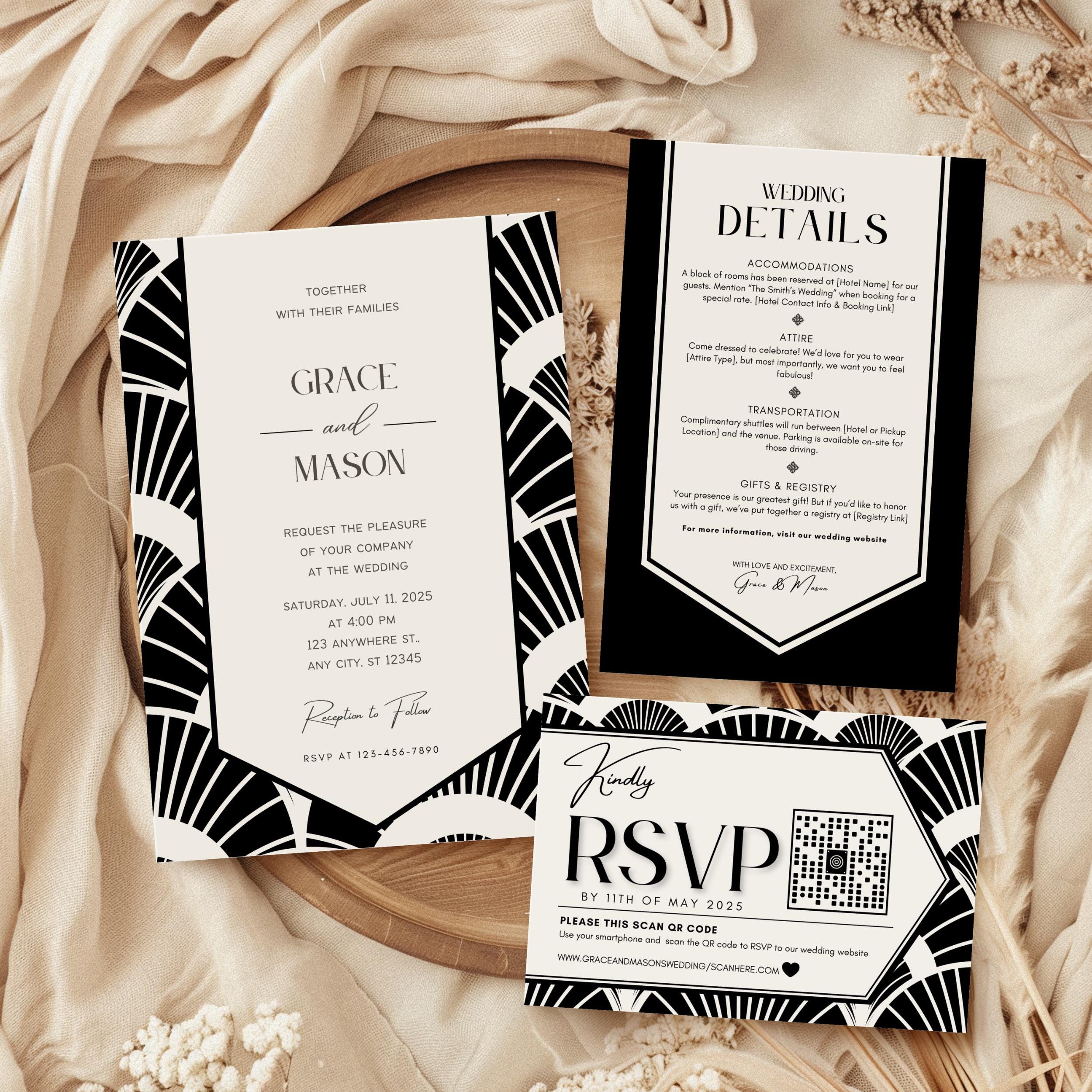Art Deco Wedding Invitation Set: Black & White Gatsby Theme (Digital)