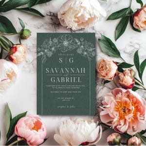 Faire-part de mariage vert sauge avec détails floraux rustiques | Modèle d'invitation de mariage minimaliste en téléchargement numérique sur toile