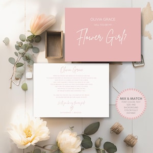 May include: A pink and white printable card with the text "Olivia Grace Will You Be My Flower Girl?" and a sweet message asking a young girl to be a flower girl at a wedding. The card is fully editable and can be customized with different fonts, colors, and sizes.