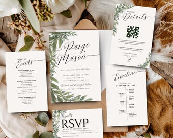Wedding Invite Bundle | Canva Wedding Invitation Template with RSVP, Wedding Details, Timeline & QR Code | Elegant Greenery Invitation Suite