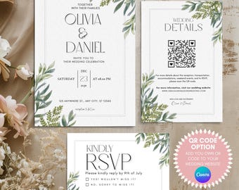 Rustic Greenery Wedding Invitation Set, A Rustic Wedding Invite Bundle with RSVP Wedding Details Card & QR Code Options