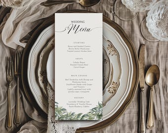 Rustic Wedding Menu Template, Greenery Design (Editable 4x9 Printable)