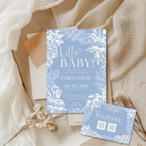 Dusty Blue Babyparty-Einladungen | Chinoiserie Babypartyeinladung für Jungen | Babyparty lädt ein + Baby-Registry QR-Code | Canva Vorlage