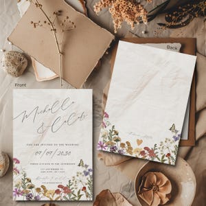 Convite de casamento rústico | Convite de casamento com flores silvestres | Modelo de convite de casamento Canva