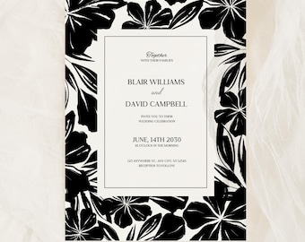 Black and White Floral Wedding Invitation Set: Elegant Canva Template (Digital Download