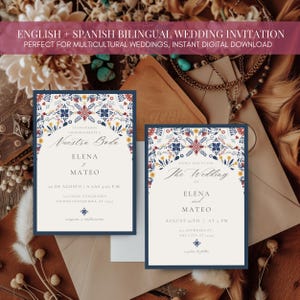 Invitations de Boda | Un modèle de faire-part de mariage bilingue en espagnol et anglais| Design inspiré du carrelage espagnol pour les mariages multiculturels
