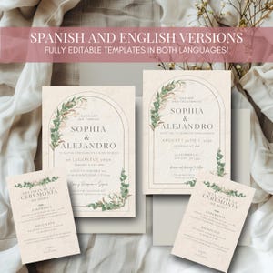Invitaciones de Boda Un modèle de faire-part de mariage bilingue espagnol et anglais | Un faire-part de mariage multiculturel avec de la verdure rustique