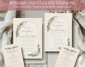 Juego de invitaciones de boda rústicas bilingües: plantillas en español e inglés.