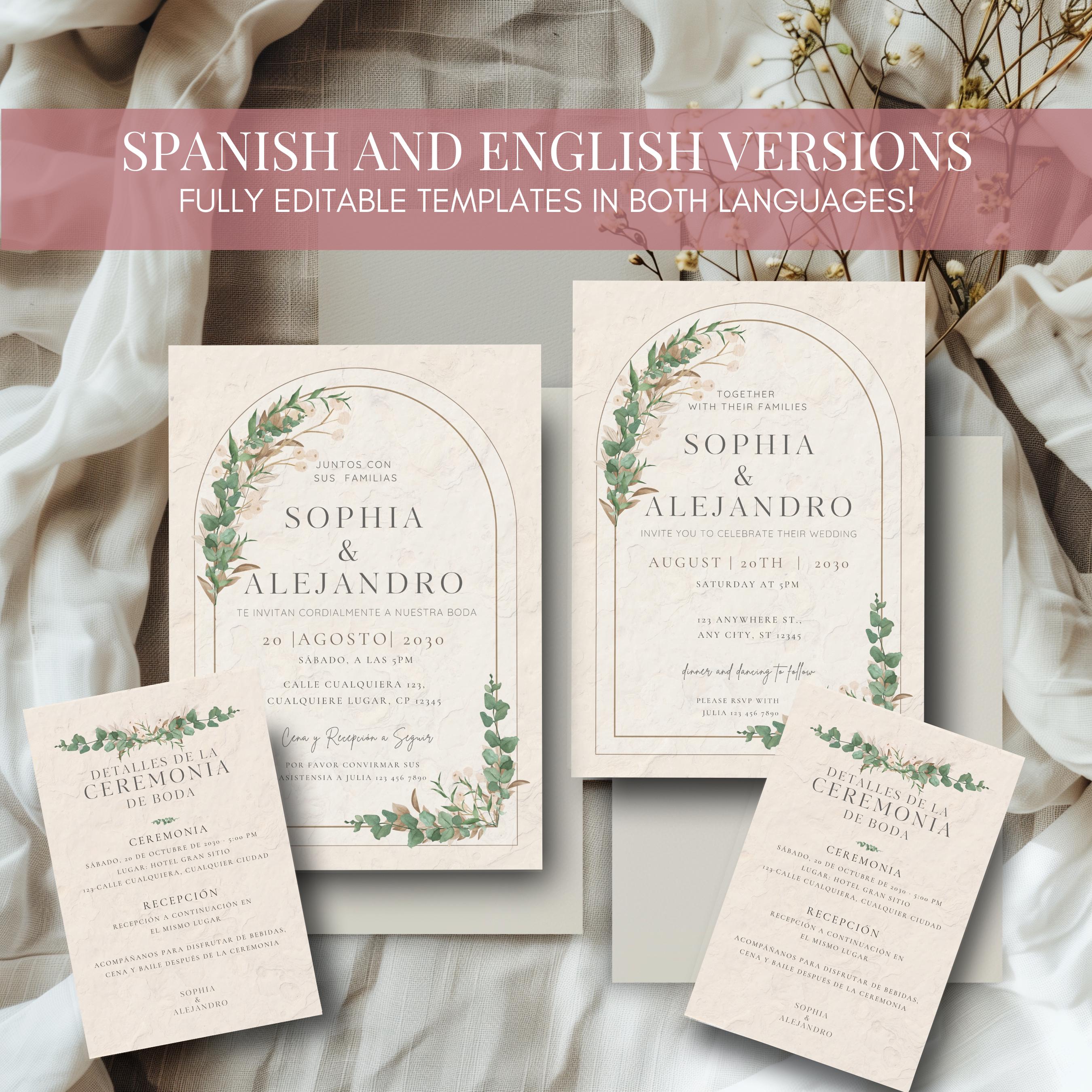 Invitaciones De Boda A Bilingual Wedding Invitation Template Spanish \u0026  English | A Multicultural Wedding Invite Set With Rustic Greenery - Etsy  Israel, image size:2700x2700