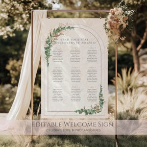 Tweetalige bruiloft tafelkaartsjabloon een Engelse en Spaanse plattegrond • Een boho rustiek bruiloftbord een canvas bewerkbare tafelschikking