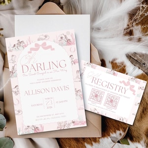 Cowgirl-Babyparty-Einladungsvorlage mit QR-Code, eine bearbeitbare Canva-Vorlage mit einem rosa Cowgirl-Babyparty-Registry-Einsatz