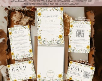 Sunflower Wedding Invitation Template Bundle | Rustic Yellow Wildflower Invite Set | Editable Canva Boho Wedding Invitation Suite