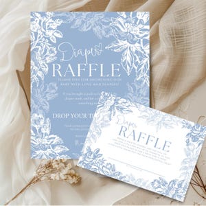 Dusty Blue Diaper Raffle Sign & Card Set | Chinoiserie Baby Shower Decor for Boy | 8x10 Sign + 5x3.5 Baby Shower Game Printable