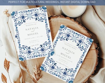 Blue Papel Picado Wedding Invitation: Bilingual Spanish & English