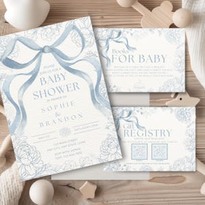 Blauwe bloemen babyshower uitnodiging jongen, blauwe strik chinoiserie babyshower uitnodiging, een bewerkbare canvas afdrukbare babyshower uitnodigingssjabloon