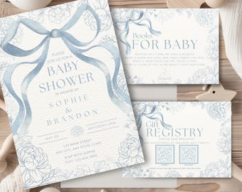 Blue Floral Baby Shower Invitation Boy, Blue Bow Chinoiserie Baby Shower Invite, An Editable Canva Printable Baby Shower Invite Template