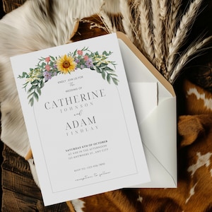 Modelo de convite de casamento estilo boho rústico com arco de flores silvestres, convite de casamento estilo ocidental, modelo editável do Canva, download digital