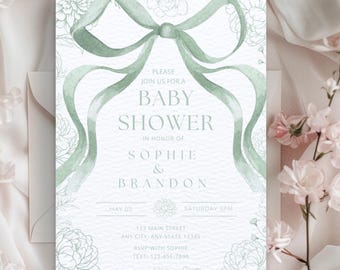 Sage Green Baby Shower Invitation Template for Boy or Girl | A Bow Baby Shower Invite with QR Registry Insert | An Editable Canva Download