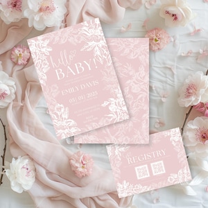 Rosa Chinoiserie-Babyparty-Einladungen | Hallo Babyparty-Einladung für Mädchen | Babyparty lädt ein + Baby-Registry QR-Code | Canva Vorlage