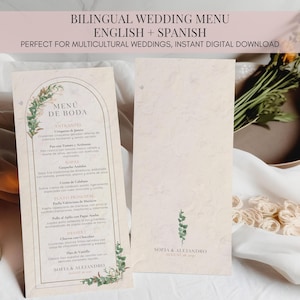 Modèle de menu de mariage bilingue anglais-espagnol avec verdure rustique • Un menu modifiable sur toile bohème • Téléchargement immédiat