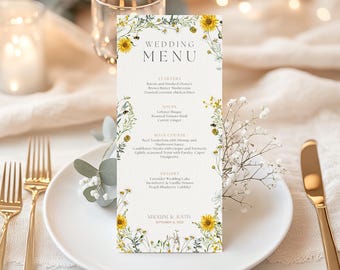 May include: A wedding menu card with a floral design featuring sunflowers, bees, and greenery. The menu includes starters, soups, main course, and dessert. The text reads "Wedding Menu", "Madeline & Justin", and "September 14, 2030".