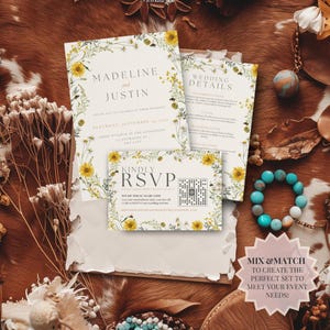 Lot de modèles de faire-part de mariage tournesol | Ensemble d'invitation jaune rustique fleurs sauvages | Suite de faire-part de mariage bohème en toile modifiable