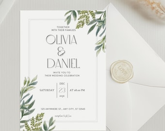 Wedding Invitation Template: Rustic Greenery Boho Style (Instant Download)