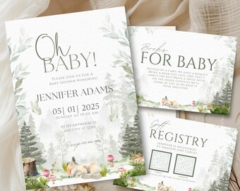 Woodland Baby Shower Invitation Set with Gift Registry Card and Bring Books for Baby Insert Printable Template Digital Download