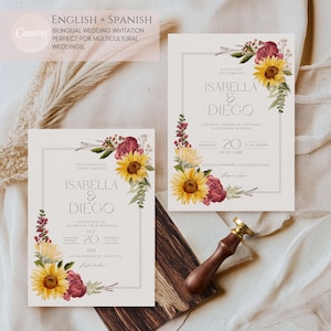Convites de Casamento | Modelo de Convite de Casamento Rústico, um Convite de Casamento Multicultural em Espanhol e Inglês | Casamento com Girassóis no Outono