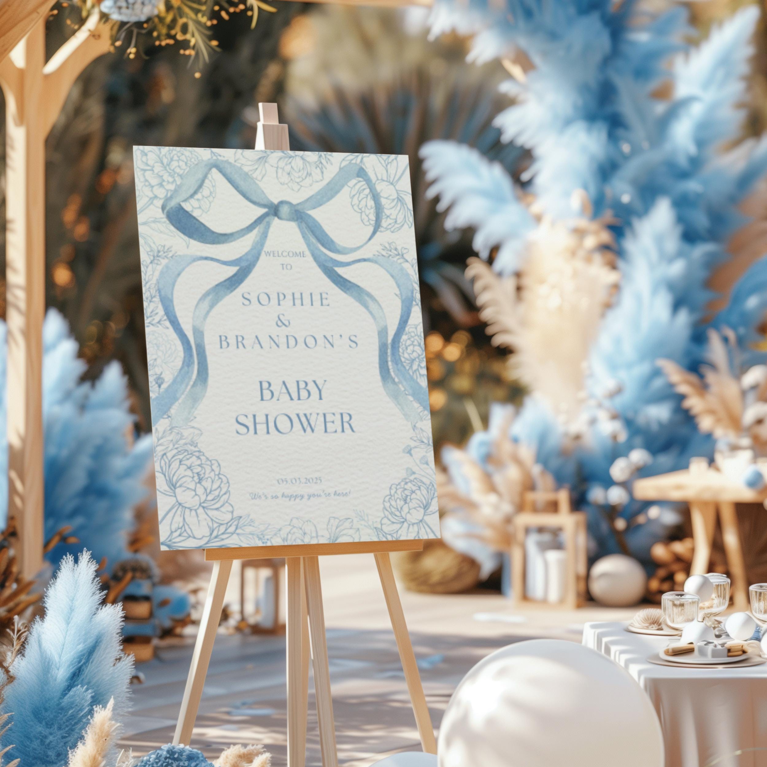 Blue Bow Baby Shower Welcome Sign 24x36 | A Dusty Blue Chinoiserie Inspired Editable Canva Baby Shower Sign Template, Instant Download