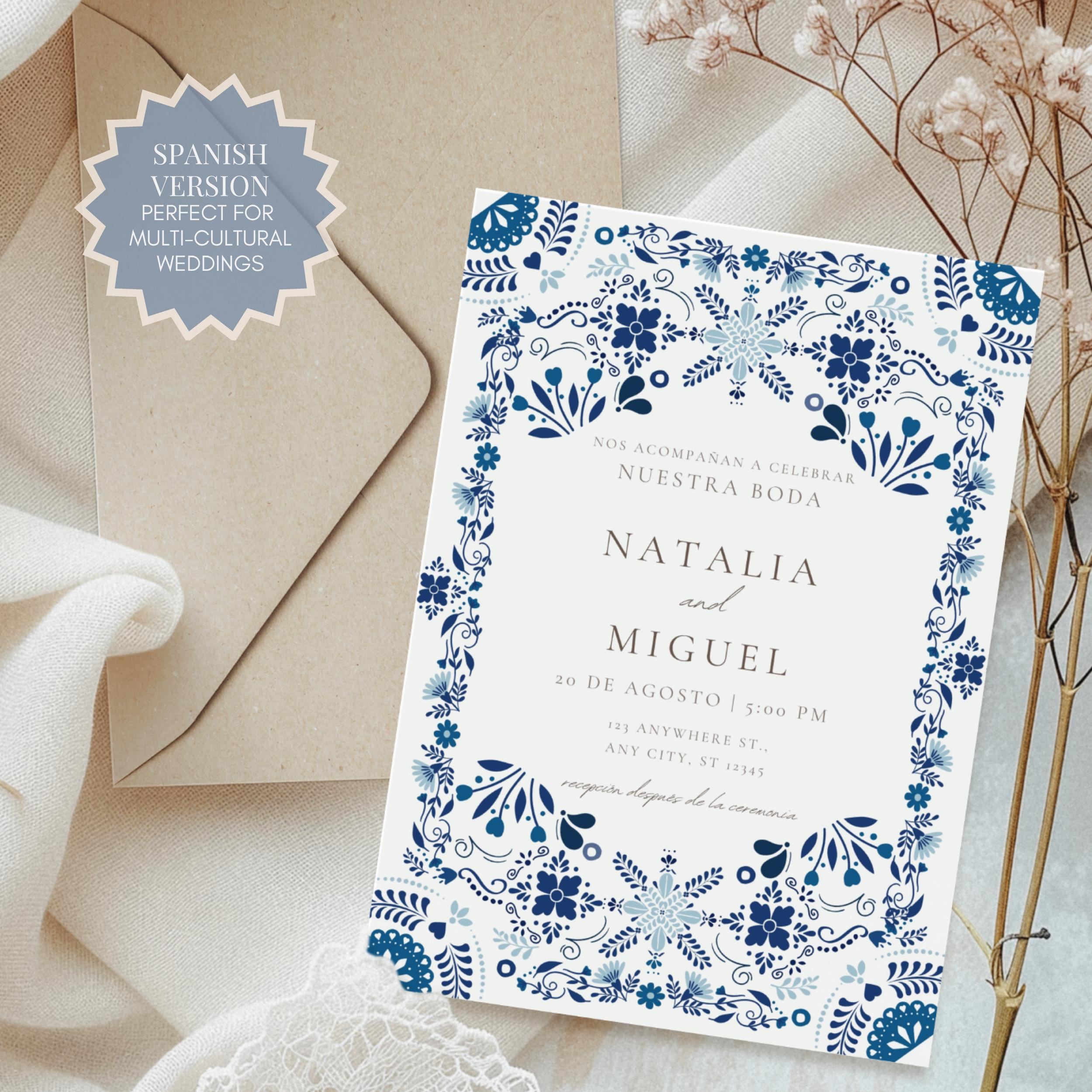 Invitaciones De Boda, Wedding Invitation Blue Papel Picado Template |  Spanish \u0026 English Wedding Invite | A Canva Printable 5x7 Template - Etsy, image size:2500x2500