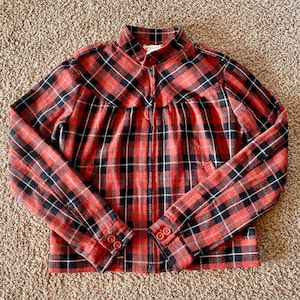 Vintage (1999) Forever 21 Orange & Black Plaid Zip-Up Motorcycle Jacket with Stand Collar and Front Pockets | Size M [Pre-Owned]
