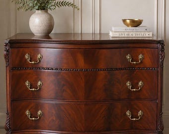 Vintage Flame Mahogany Serpentine Chest of Drawers | Chippendale Georgian Style Dresser | 3-Drawer Bachelor Chest with Brass Pulls | Dresser