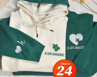 Personalized Roman Numeral Hoodie,Custom Anniversary Date Hoodie,Puzzle Piece Couple Hoodie,Anniversary Gift,Valentines Day Gift,Couple Gift