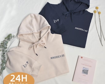 Custom Roman Numeral Hoodie,Personalized Embroidered Matching Hoodie,Roman Numerals Couples Sweatshirt,Anniversary Gift,Couples Gift