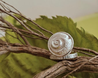 May include: Two silver-colored, snail shell-shaped rings. The rings are placed on a brown branch, with a large green leaf in the background. The rings have a textured surface and a spiral design. The background is a light green color.
