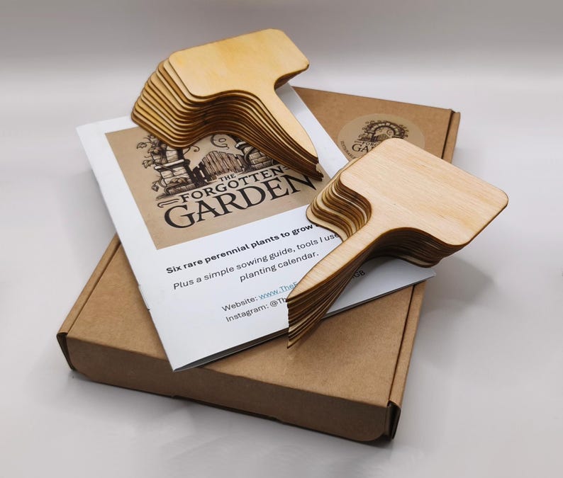 K&ouml;nnte beinhalten: Eine Reihe unfertiger Pflanzenmarkierungen aus Holz mit T-f&ouml;rmigem Design, die auf einer Schachtel und einer Brosch&uuml;re liegen. Die Brosch&uuml;re zeigt den Text "THE FORGOTTEN GARDEN" und Informationen &uuml;ber mehrj&auml;hrige Pflanzen und einen Pflanzkalender.