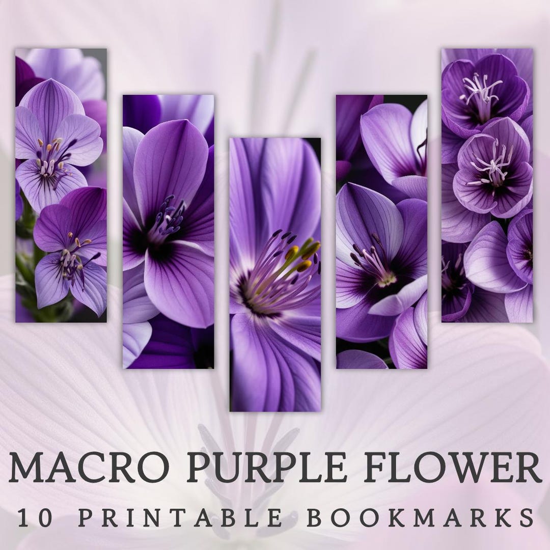 Purple Bookmark Example Macro Purple Flower Bookmarks | Printable Bookmarks | Digital Bookmarks ...