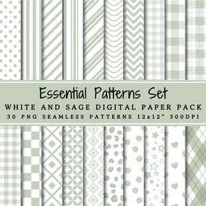 Essential Patterns Set Weiß und Salbei Digital Paper Pack | Nahtlose Muster | Polka Dots | Streifen | Vichykaro | Geometrisch | Scrapbook-Papier
