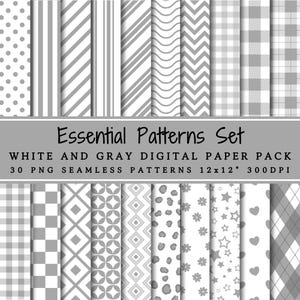 Essential Patterns Set White And Gray Digital Paper Pack | Seamless Patterns | Polka Dots | Stripes | Gingham | Geometric | Scrapbook Paper