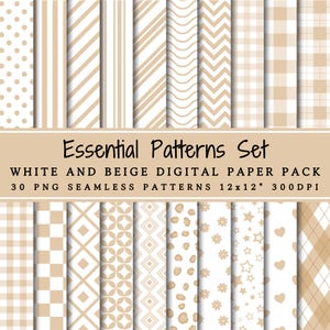 Ensemble de motifs essentiels, blanc et beige, paquet de papier numérique | Modèles sans couture | Pois | Rayures | Vichy | Géométrique | Papier de scrapbooking