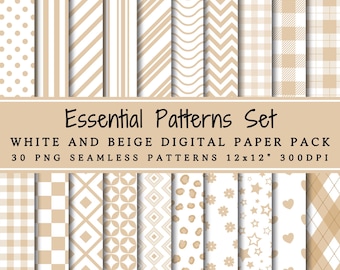 Essential Patterns Set White And Beige Digital Paper Pack | Seamless Patterns | Polka Dots | Stripes | Gingham | Geometric | Scrapbook Paper