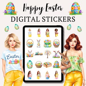 Adesivi digitali di buona Pasqua / Coniglietti e uova carini / Adesivi estetici Goodnotes e Notability / Adesivi primaverili / Adesivi PNG per diario