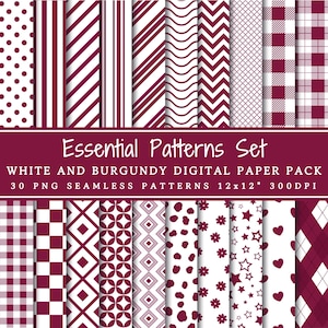 Set di modelli essenziali, carta digitale bianca e bordeaux / Motivi senza soluzione di continuità / Pois / Strisce / Vichy / Plaid / Carta per scrapbooking