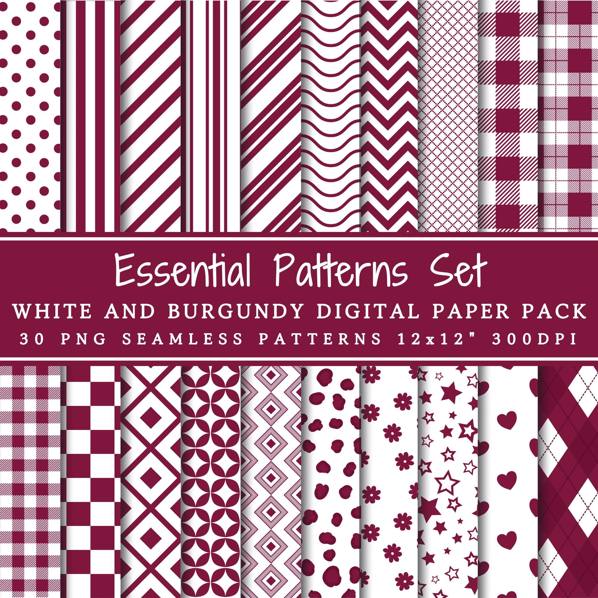 Essential Patterns Set White And Burgundy Digital Paper Pack | Seamless Patterns | Polka Dots | Stripes | Gingham | Plaid | Scrapbook Paper