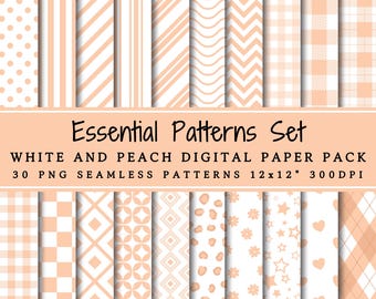 Essential Patterns Set White And Peach Digital Paper Pack | Seamless Patterns | Polka Dots | Stripes | Gingham | Geometric | Scrapbook Paper