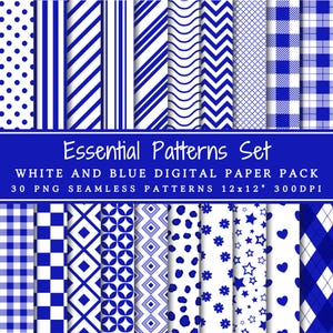 Essential Patterns Set White And Blue Digital Paper Pack | Seamless Patterns | Polka Dots | Stripes | Gingham | Geometric | Scrapbook Paper