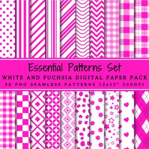 Essential Patterns Set White And Fuchsia Digital Paper Pack | Seamless Patterns | Polka Dots | Stripes | Gingham | Tartan | Scrapbook Paper