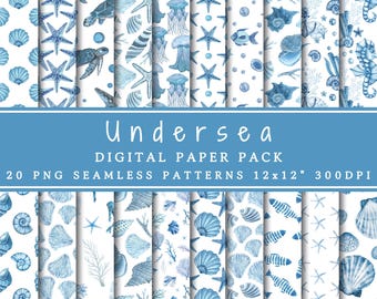 Undersea Digital Paper Pack | Seamless Patterns | Ocean Printable Paper | Blue Sea Backgrounds | Sea Animals Junk Journal | Scrapbook Paper